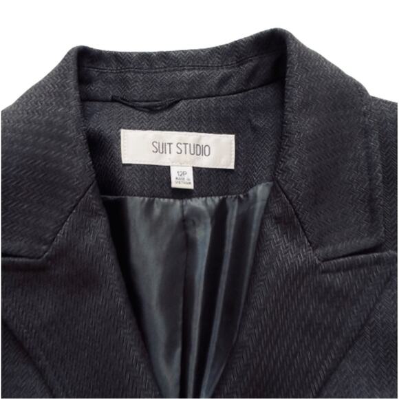 Suit Studio Blazer Black Textured Herringbone Button Front Jacket Size 12P - Picture 2 of 11